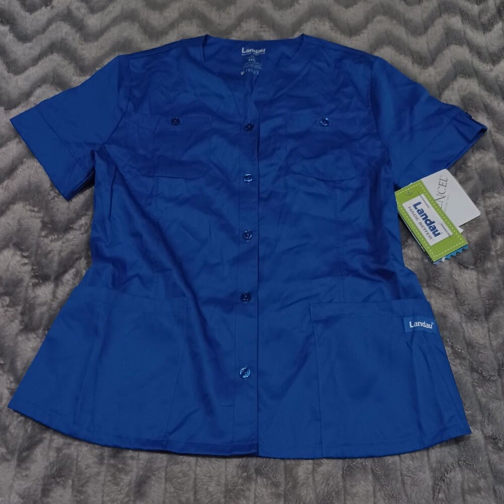 Landau Womens Size S Blue Short Sleeve Button Up Scrub Top NWT